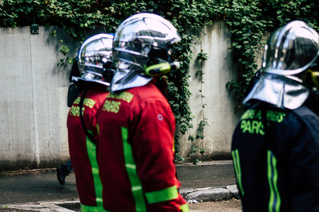 Paris France May 04, 2019 View of a French firefighters walking in the street during protests of the...