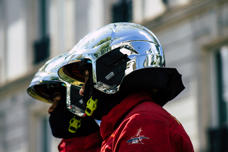 Paris France May 04, 2019 View of a French firefighters walking in the street during protests of the...