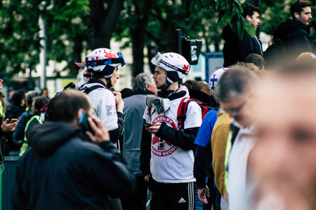 Paris France May 04, 2019 View of French street medic walking in the street during protests of the...