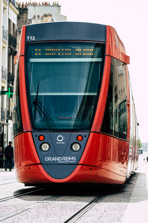 Reims France May 7, 2019 View of the tram rolling in the city of Reims in France in the afternoonのeditorial素材