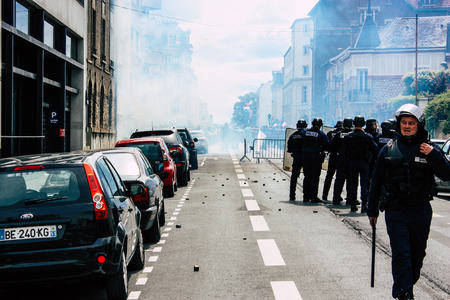 Reims France May 18, 2019 Close up of the French National Police in intervention against the rioters...