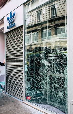Reims France May 18, 2019 View of broken windows by rioters in the streets of Reims during protests of the Yellow Jackets on saturday afternoonのeditorial素材