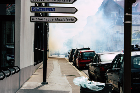 Reims France May 18, 2019 Close up of the French National Police in intervention against the rioters during protests of the Yellow Jackets in the streets of Reims on saturday afternoonのeditorial素材