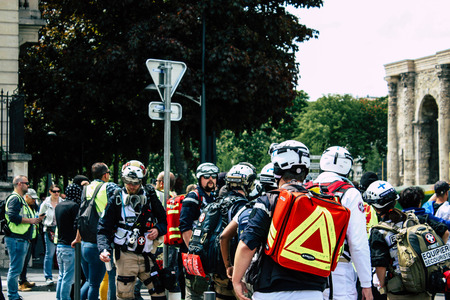 Reims France May 18, 2019 View of French medic walking in the streets of Reims during protests of the Yellow jackets on saturday afternoonのeditorial素材