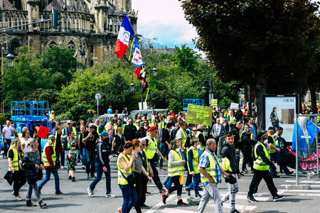 Reims France May 18, 2019 View of unknown Yellow Jackets protesters marching against the policy of President Macron on Saturday afternoonのeditorial素材