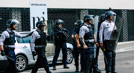 Reims France May 18, 2019 Close up of the French National Police in intervention against the rioters...