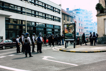 Reims France May 18, 2019 Close up of the French National Police in intervention against the rioters...