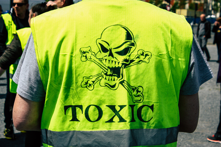 Reims France May 18, 2019 View of unknown Yellow Jackets protesters marching against the policy of President Macron on Saturday afternoonのeditorial素材