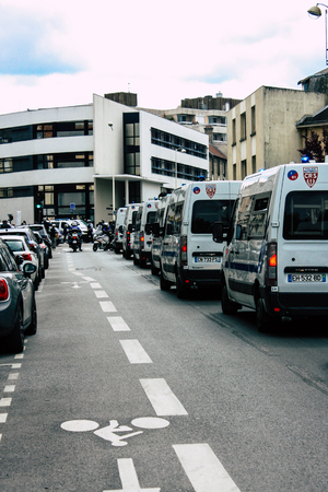 Reims France May 18, 2019 Close up of the French National Police in intervention against the rioters during protests of the Yellow Jackets in the streets of Reims on saturday afternoonのeditorial素材