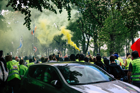 Reims France May 18, 2019 View of unknown Yellow Jackets protesters marching against the policy of...