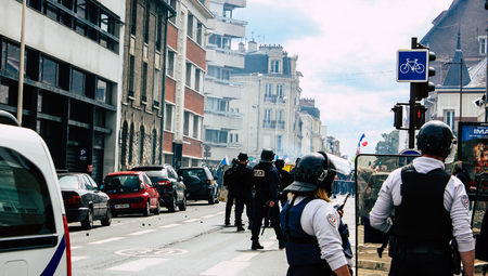 Reims France May 18, 2019 Close up of the French National Police in intervention against the rioters during protests of the Yellow Jackets in the streets of Reims on saturday afternoonのeditorial素材