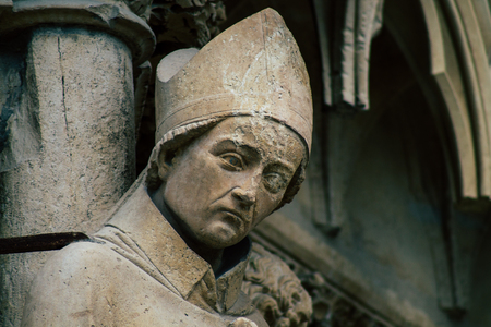 Reims France May 23, 2019 Closeup of the statue on the exterior facade of the Notre Dame de Reims cathedral in the afternoonのeditorial素材