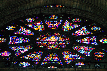 Reims France May 23, 2019 View of the old colorful stained glass windows in Notre Dame de Reims Cathedral in the afternoonのeditorial素材
