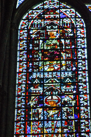 Reims France May 23, 2019 View of the old colorful stained glass windows in Notre Dame de Reims Cathedral in the afternoonのeditorial素材