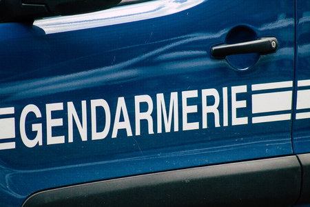 Reims France May 23, 2019 Closeup of French police car parked in the streets of Reims in the afternoonのeditorial素材