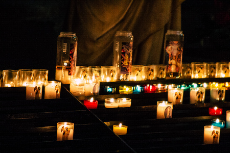 Reims France May 23, 2019 Closeup of holy candles inside of Notre Dame Cathedral of Reims in the afternoonのeditorial素材