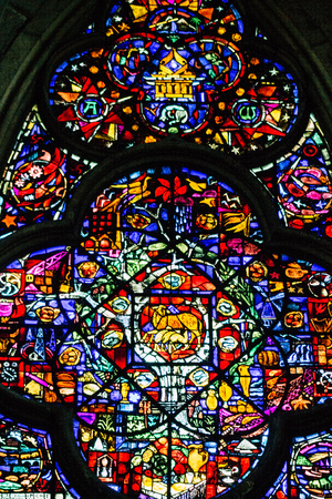 Reims France May 23, 2019 View of the old colorful stained glass windows in Notre Dame de Reims...