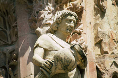 Reims France May 23, 2019 Closeup of the statue on the exterior facade of the Notre Dame de Reims cathedral in the afternoonのeditorial素材