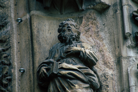 Reims France May 23, 2019 Closeup of the statue on the exterior facade of the Notre Dame de Reims cathedral in the afternoonのeditorial素材