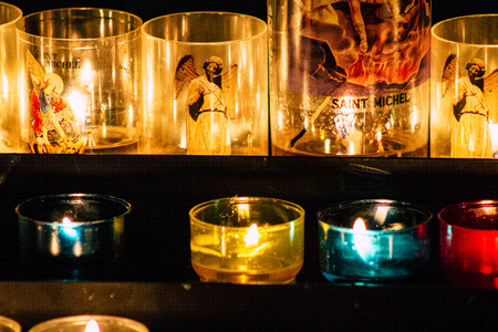 Reims France May 23, 2019 Closeup of holy candles inside of Notre Dame Cathedral of Reims in the afternoonのeditorial素材