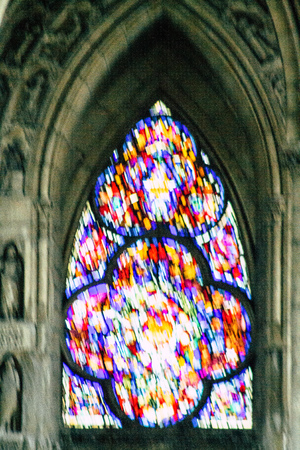 Reims France May 23, 2019 View of the old colorful stained glass windows in Notre Dame de Reims...