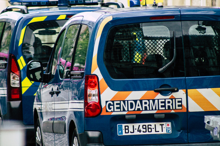 Reims France May 23, 2019 Closeup of French police car parked in the streets of Reims in the afternoonのeditorial素材