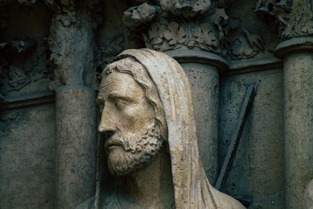 Reims France May 23, 2019 Closeup of the statue on the exterior facade of the Notre Dame de Reims cathedral in the afternoonのeditorial素材