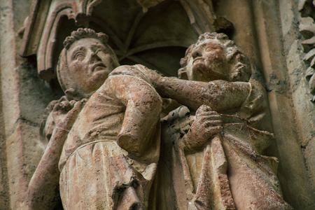 Reims France May 23, 2019 Closeup of the statue on the exterior facade of the Notre Dame de Reims cathedral in the afternoonのeditorial素材