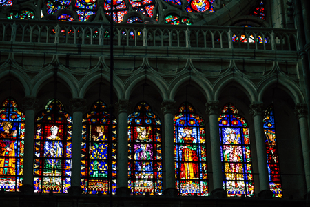 Reims France May 23, 2019 View of the old colorful stained glass windows in Notre Dame de Reims Cathedral in the afternoonのeditorial素材