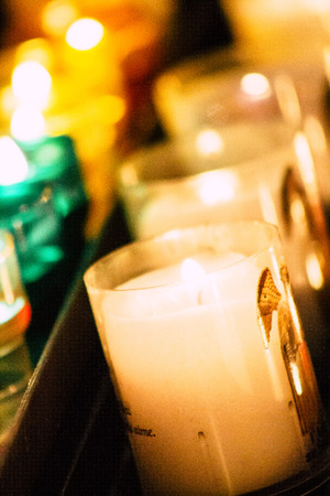 Reims France May 23, 2019 Closeup of holy candles inside of Notre Dame Cathedral of Reims in the afternoonのeditorial素材