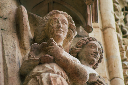 Reims France May 23, 2019 Closeup of the statue on the exterior facade of the Notre Dame de Reims cathedral in the afternoonのeditorial素材
