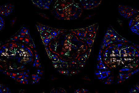 Reims France May 23, 2019 View of the old colorful stained glass windows in Notre Dame de Reims Cathedral in the afternoonのeditorial素材