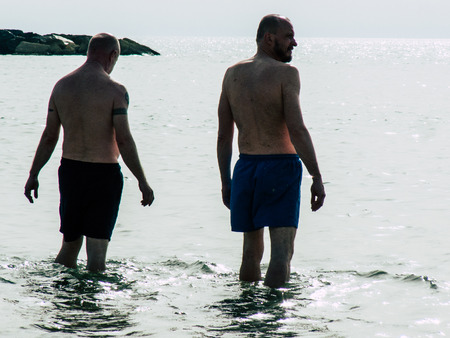 Tel Aviv Israel May 23, 2019 View of unknown Israeli people having fun on the beach of Tel Aviv in the afternoonのeditorial素材