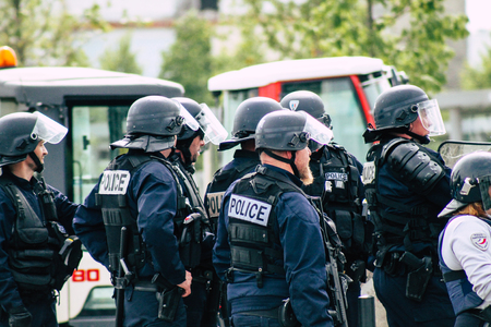 Reims France May 18, 2019 View of the rioters and policemen fighting face to face in the streets of Reims during protests of the Yellow Jackets in the streets of Reims on saturday afternoonのeditorial素材