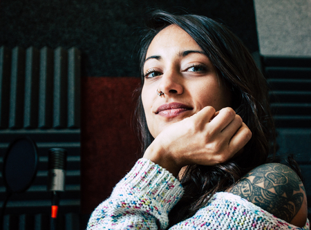 Papendrecht Netherlands April 18, 2019 Portrait of Reachel Singh, Dutch professional songwriter recording the new single, Fly with me, in studio in Netherlandsのeditorial素材