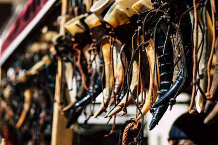 Reims France Saturday June 1, 2019 Closeup of medieval decorative objects sold during the Johanniques festival, annual French celebration in Reims to commemorate the coronation of Charles VII in Reims Cathedralのeditorial素材