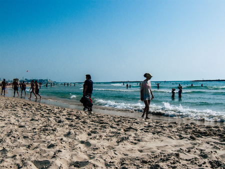 Tel Aviv Israel May 31, 2019 View of unknown Israeli people having fun on the beach of Tel Aviv in the afternoonのeditorial素材