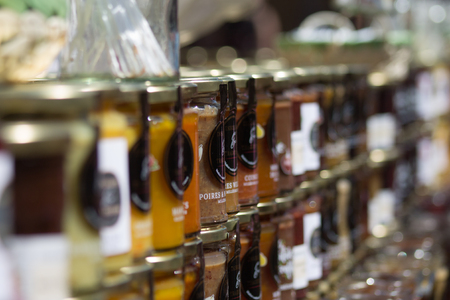 Reims France Saturday June 1, 2019 Closeup of jars of jam sold during the Johanniques festival, annual French celebration in Reims to commemorate the coronation of Charles VIIのeditorial素材