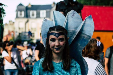 Reims France Saturday June 1, 2019 View of people disguised as medieval character unfolding in the streets during the Johanniques festival, annual French celebration in Reimsのeditorial素材