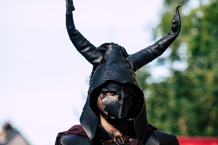 Reims France Saturday June 1, 2019 View of people disguised as medieval character unfolding in the streets during the Johanniques festival, annual French celebration in Reimsのeditorial素材