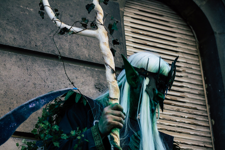 Reims France Saturday June 1, 2019 View of people disguised as medieval character unfolding in the streets during the Johanniques festival, annual French celebration in Reimsのeditorial素材