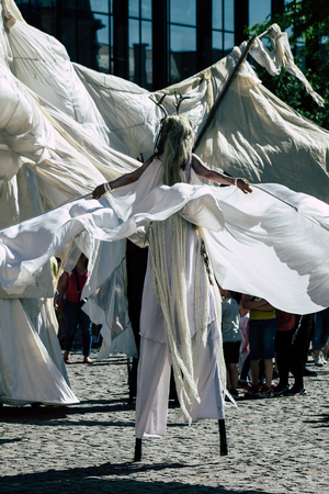 Reims France Saturday June 1, 2019 View of people disguised as medieval character unfolding in the streets during the Johanniques festival, annual French celebration in Reimsのeditorial素材