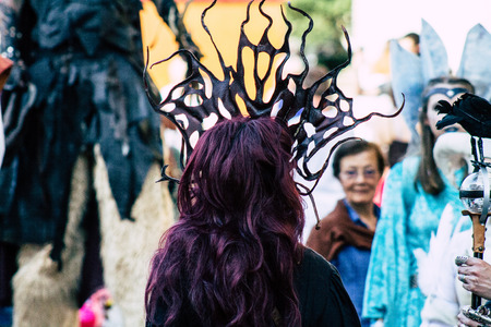 Reims France Saturday June 1, 2019 View of people disguised as medieval character unfolding in the streets during the Johanniques festival, annual French celebration in Reimsのeditorial素材