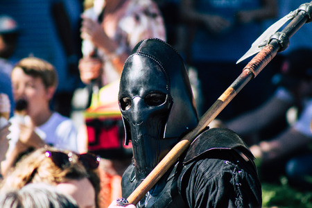 Reims France Saturday June 1, 2019 View of people disguised as medieval character unfolding in the streets during the Johanniques festival, annual French celebration in Reimsのeditorial素材