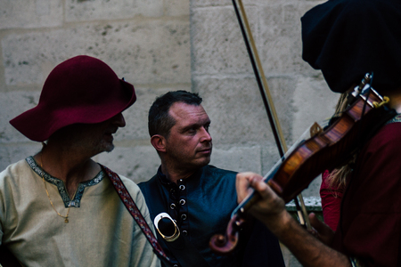 Reims France Saturday June 1, 2019 View of unknown musicians playing medieval music during the Johanniques festival, annual French celebration in Reims to commemorate the coronation of Charles VIIのeditorial素材