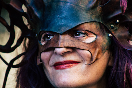 Reims France Saturday June 1, 2019 View of people disguised as medieval character unfolding in the streets during the Johanniques festival, annual French celebration in Reimsのeditorial素材