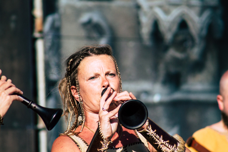 Reims France Saturday June 1, 2019 View of unknown musicians playing medieval music during the Johanniques festival, annual French celebration in Reims to commemorate the coronation of Charles VIIのeditorial素材