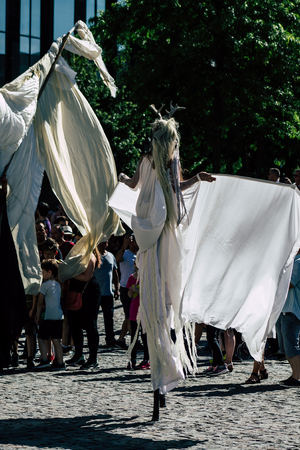 Reims France Saturday June 1, 2019 View of people disguised as medieval character unfolding in the streets during the Johanniques festival, annual French celebration in Reimsのeditorial素材