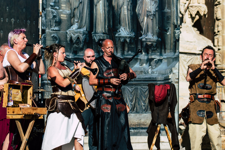 Reims France Saturday June 1, 2019 View of unknown musicians playing medieval music during the Johanniques festival, annual French celebration in Reims to commemorate the coronation of Charles VIIのeditorial素材