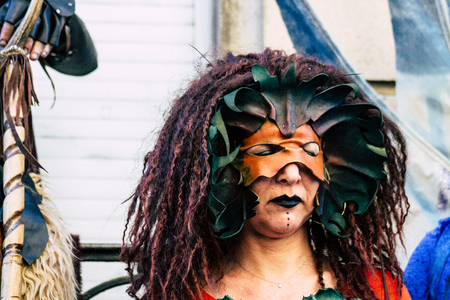 Reims France Saturday June 1, 2019 View of people disguised as medieval character unfolding in the streets during the Johanniques festival, annual French celebration in Reimsのeditorial素材